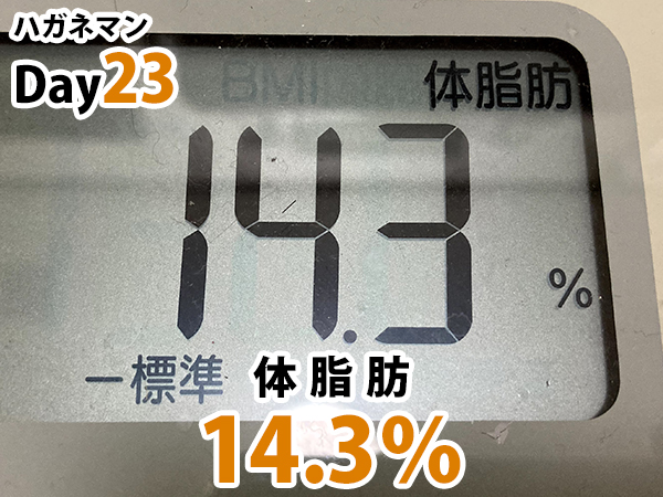 ハガネマン体脂肪23日目14.3％